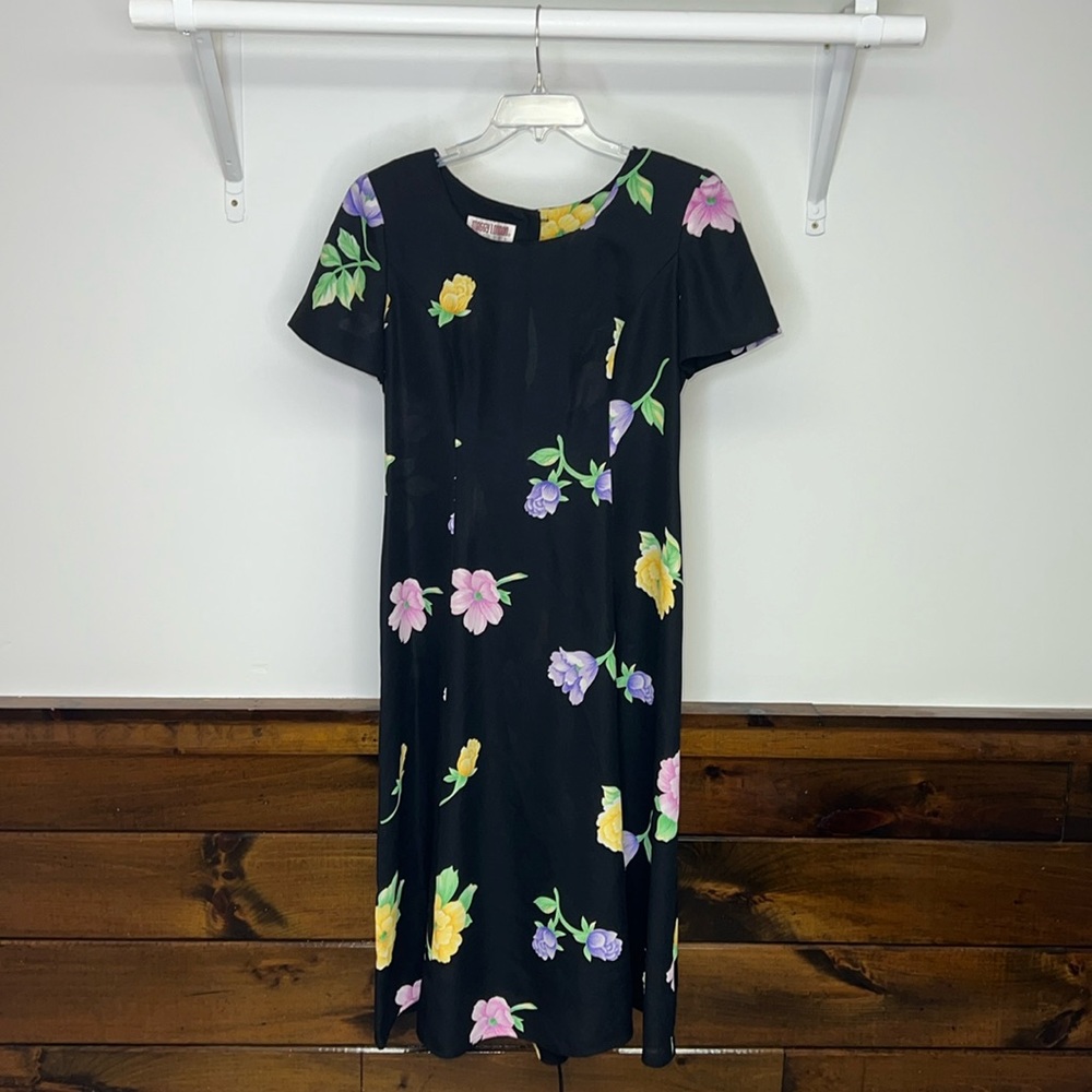 Vintage 90’s Maggy London Petites Floral Black Midi Dress- 10P